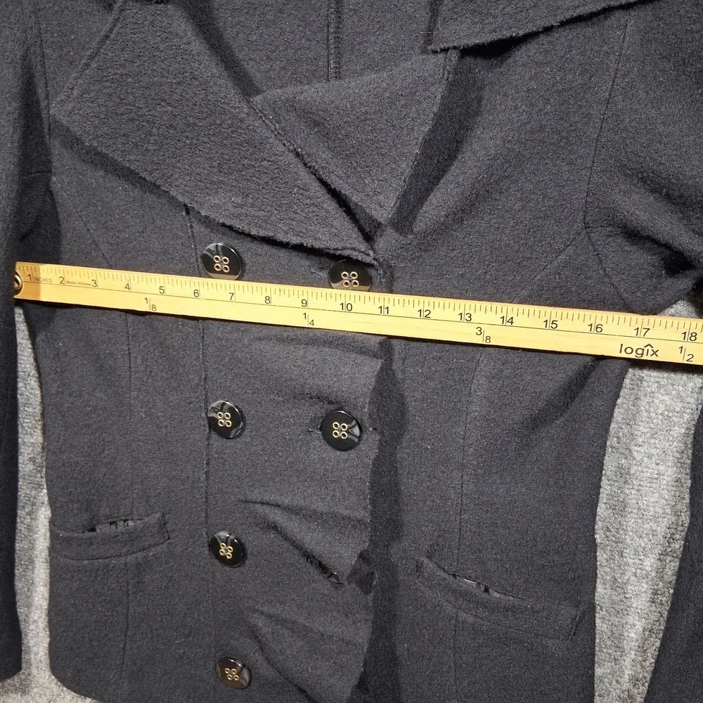 Luii Womens Black 100% Wool Ruffle Double‎ Breasted Blazer Jacket Size S Small